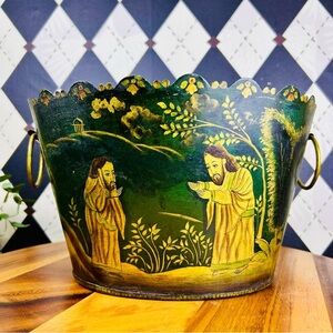 Luxury Cachepot Green and Gold Statement Piece w/ Hand-Painted Scalloped Vintage